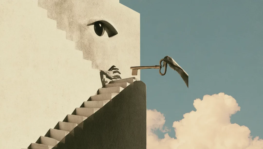 Collage surréaliste : en haut d’un escalier de béton surveillé par un grand œil, une main tend une clé à une autre main