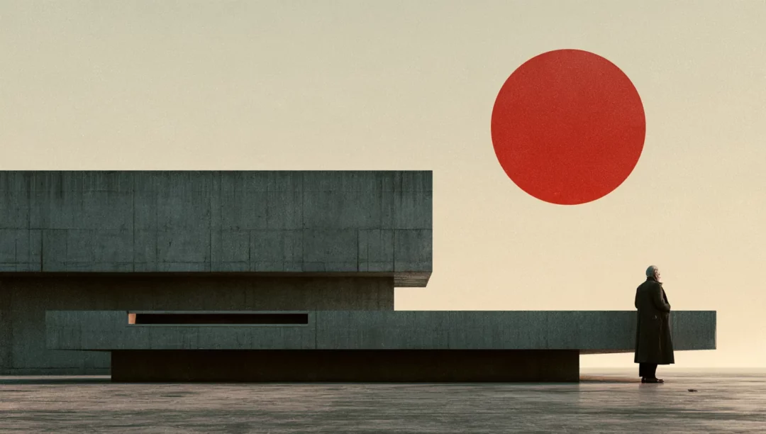 Collage surréaliste : un homme en long manteau attend devant un bâtiment brutaliste en béton, sous un grand cercle rouge