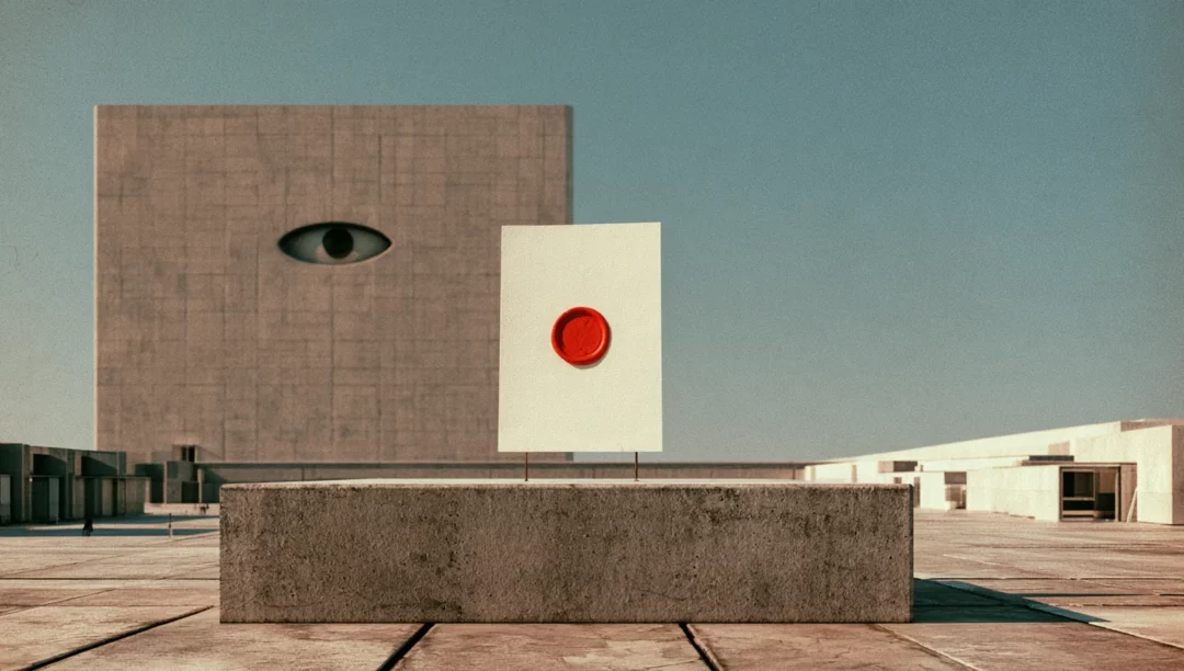 Document posé sur un socle de béton face à une tour brutaliste, illustration du white paper MiCA