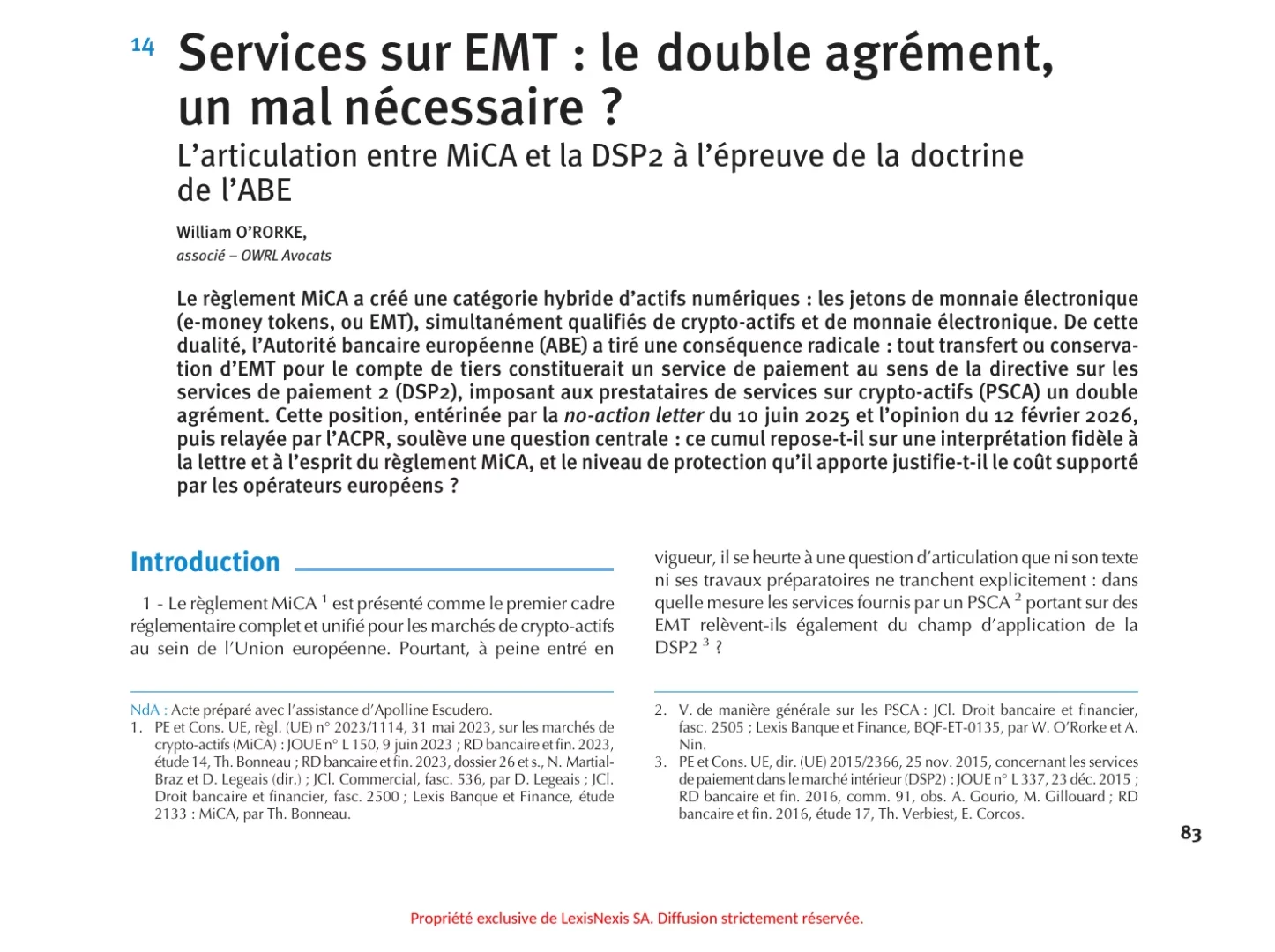 Page 83 de l’étude « Services sur EMT : le double agrément, un mal nécessaire ? » (Revue de droit bancaire et financier, n° 5, 2026)