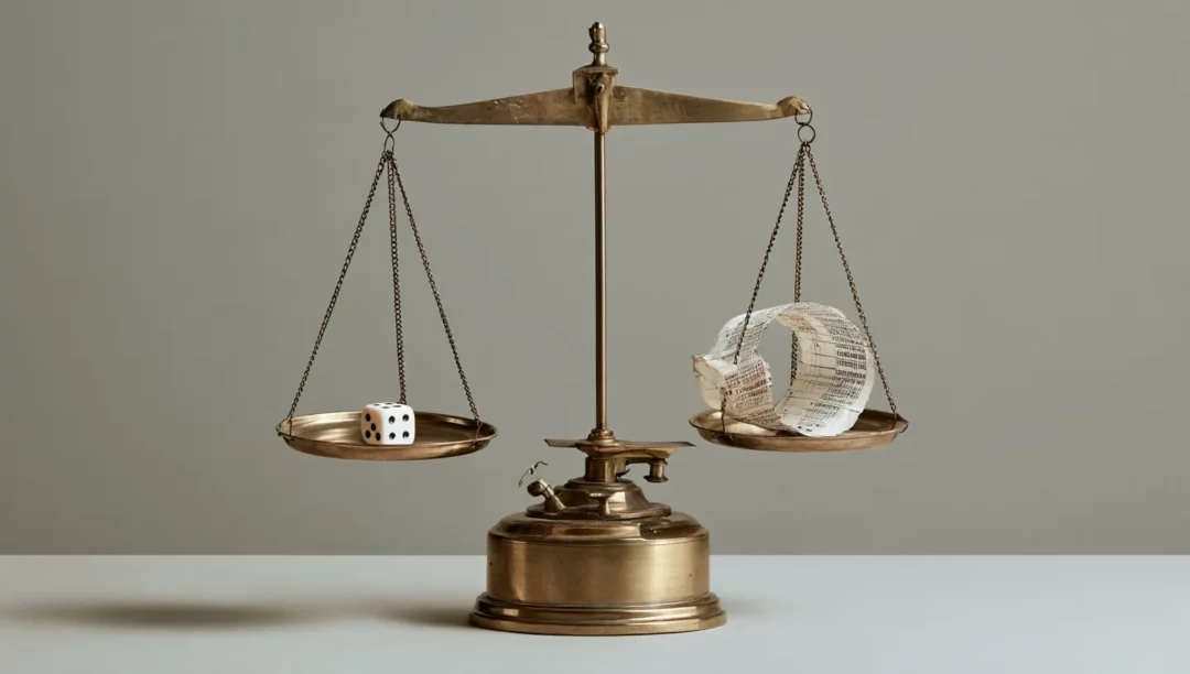 Balance de bureau portant un dé et une bande de cotation, pour la qualification des marchés de prédiction
