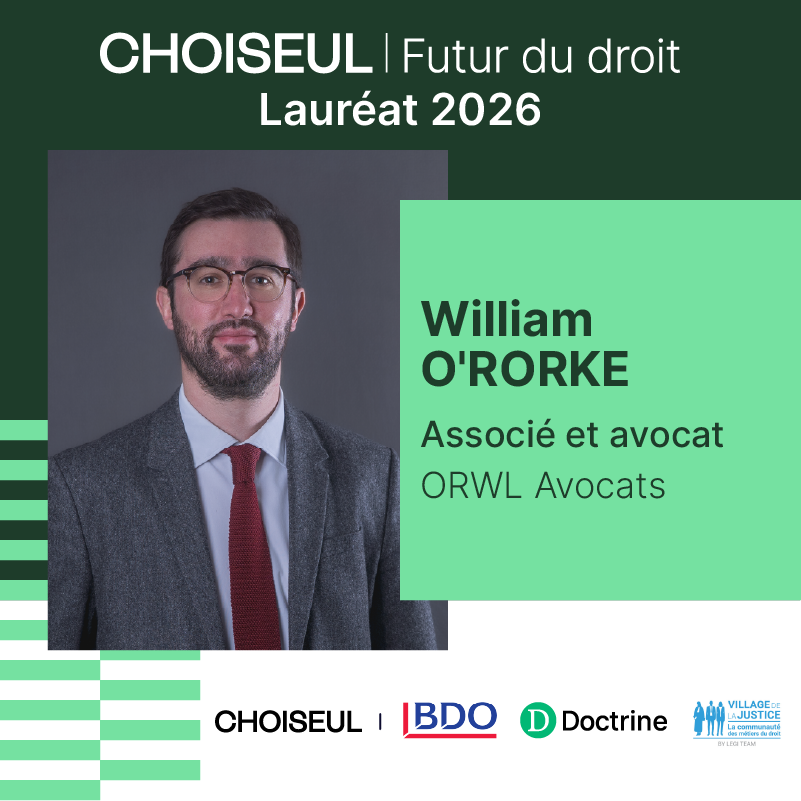 “Lauréat 2026” visual of the Choiseul Futur du droit list, with William O’Rorke’s portrait