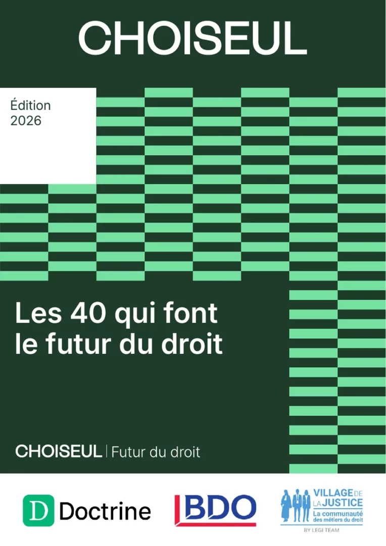 Page 1 (cover) of the list “Les 40 qui font le futur du droit” (Institut Choiseul, 2026, in French)