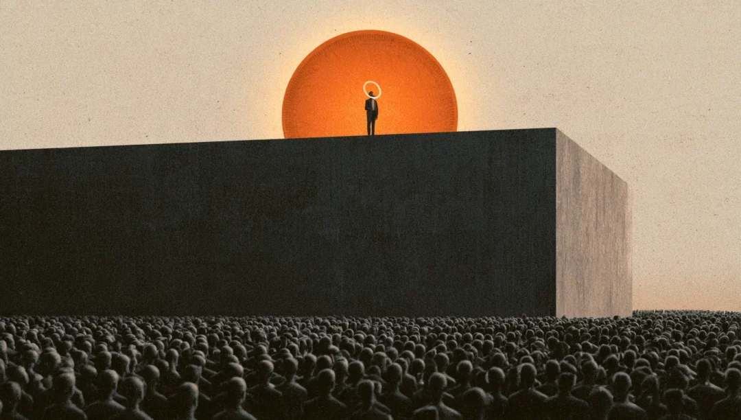 Une silhouette au sommet d’un bloc de béton, devant une pièce orange, s’adresse à une foule immense