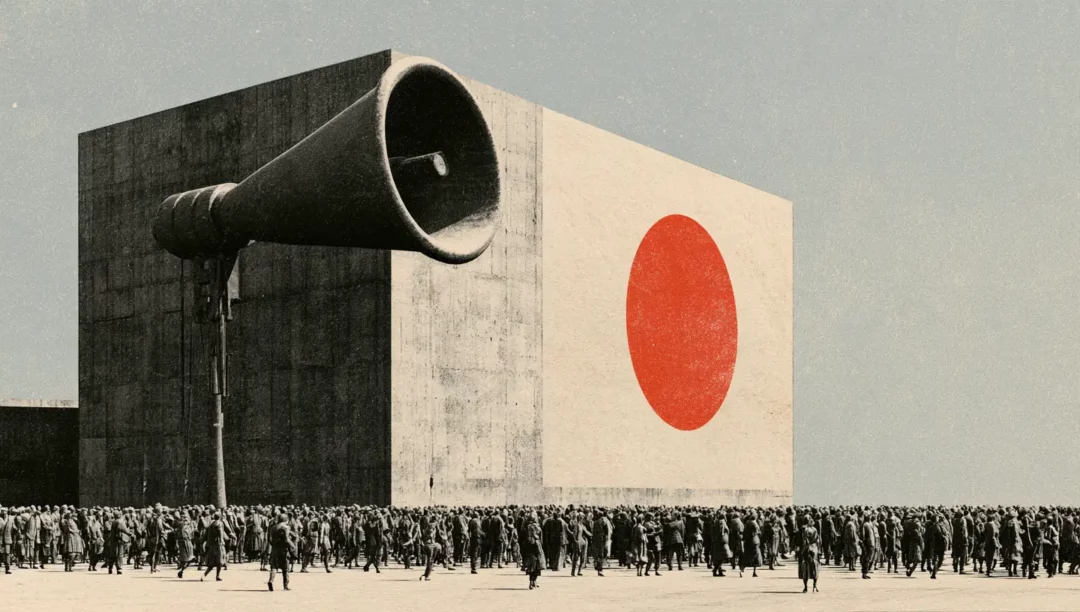 Panneau publicitaire sur une tour de béton brutaliste diffusant un message vers une foule, illustrant les règles de publicité crypto en France
