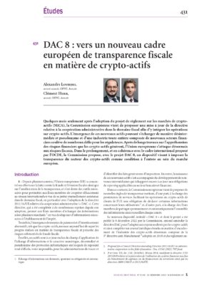 [Revue de droit fiscal] DAC 8 : vers un nouveau cadre européen de transparence fiscale en matière de crypto-actifs