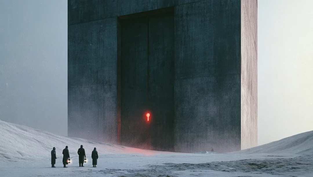 Porte de béton monumentale à serrure rouge, inspectée par quatre silhouettes munies de lanternes