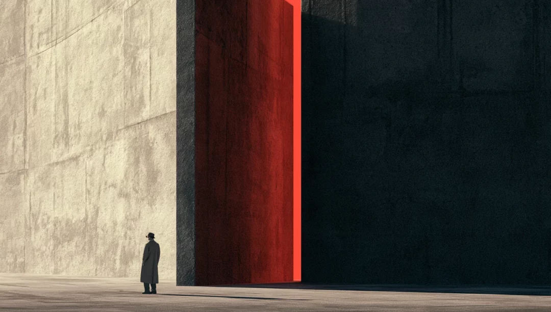 Illustration : une porte monumentale de béton qui s’ouvre de l’intérieur vers un visiteur isolé