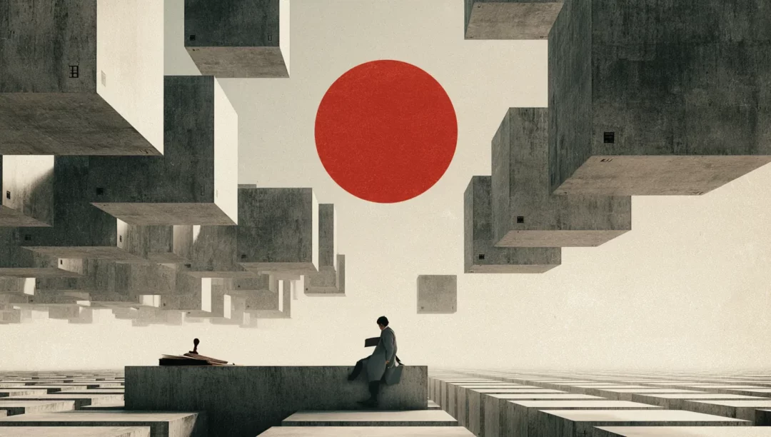 Surrealist collage: a man in a grey coat sits on a concrete slab beside a stamp and a ledger, beneath floating concrete blocks and a red circle